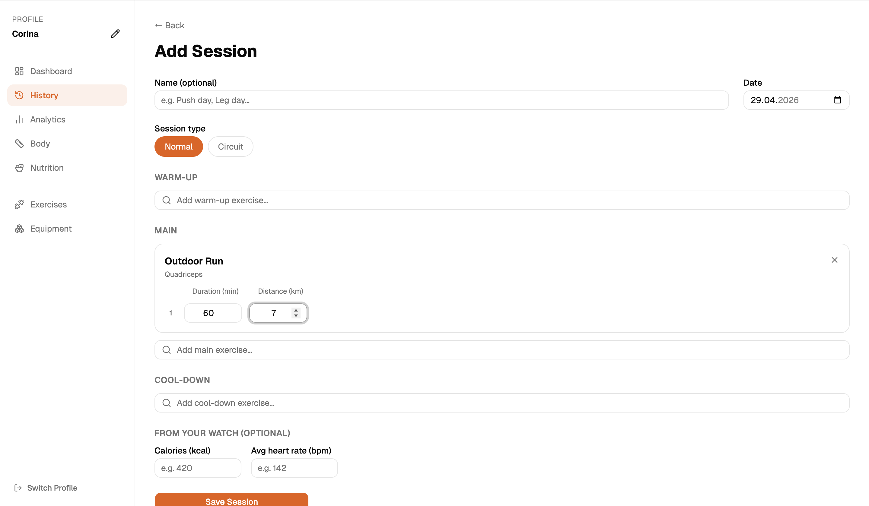 Logging a freestyle session