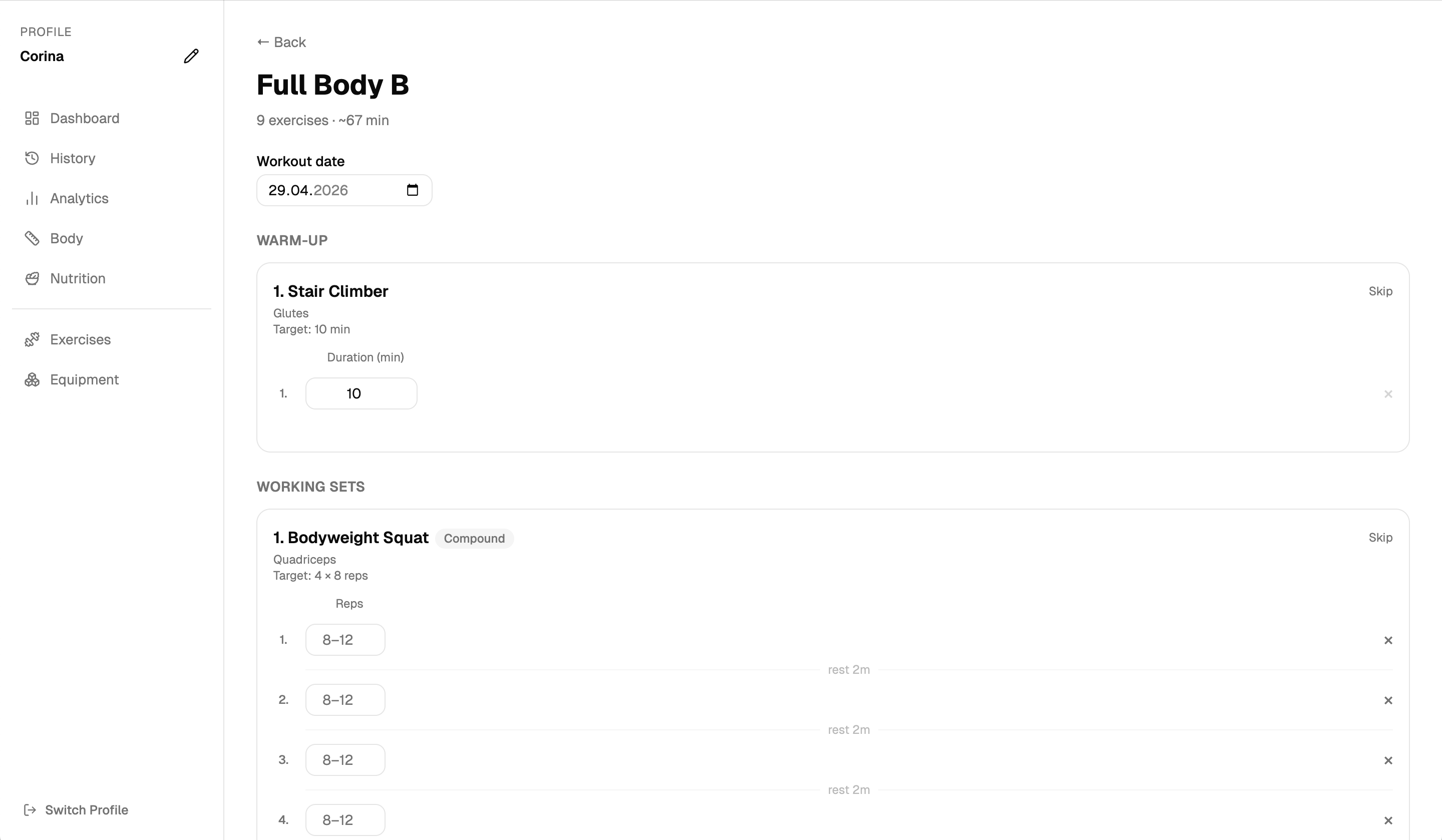 Logging a workout session