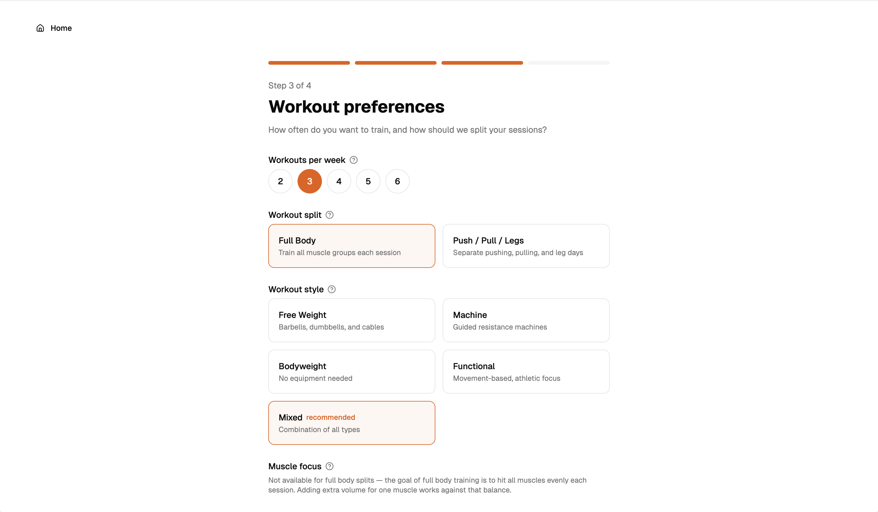 Workout preferences